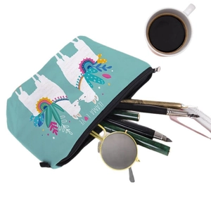 Llama Love canvas makeup bag with cartoon print for travel and cosmetic storage