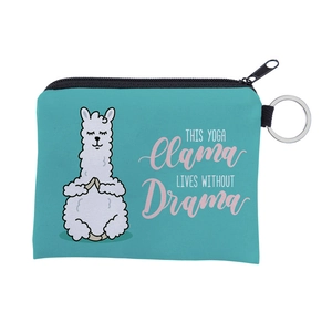 Close-up of blue yoga llama coin purse with silver metal keychain and black zipper