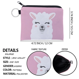 Pink cartoon alpaca coin purse with zipper and metal keychain, 12cm polyester card pouch
