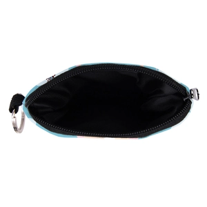 Light blue alpaca print coin purse with black lining and metal key ring attachment