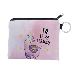 Detail of pink alpaca coin purse with star pattern, zipper, and silver keyring