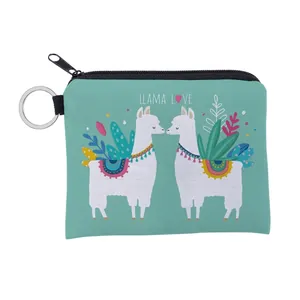 Mint Green Llama Print Polyester Coin Purse Mini Zipper Wallet Portable Key Pouch With Metal Key Ring For Women Daily Use