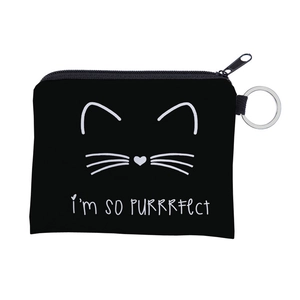 Waterproof black canvas cat face coin purse with metal keychain ring and zip closure