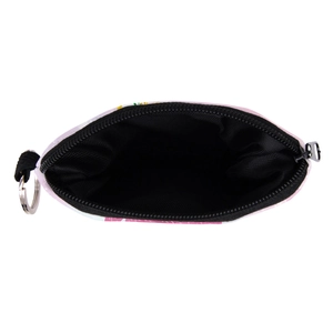 Pink starry alpaca coin purse with black zipper and metal keyring in top view
