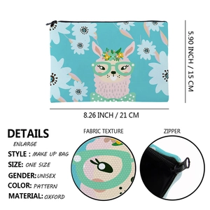 Blue alpaca makeup bag featuring floral patterns, size 21x15cm with metal zipper detail