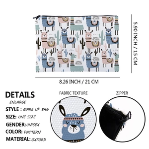 Detailed view of llama print oxford makeup bag with fabric texture and zipper dimensions