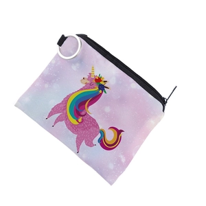 Pink starry alpaca coin purse with zipper and metal key ring on white background