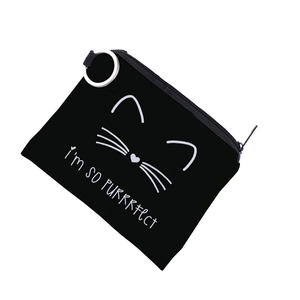 Close-up of a black cat-themed coin purse with silver metal ring and zipper closure