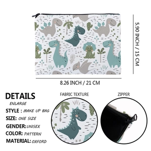 Detailed view of oxford fabric texture and dimensions for the dinosaur makeup bag