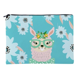 Cute alpaca cartoon cosmetic bag in sky blue canvas with portable zipper design
