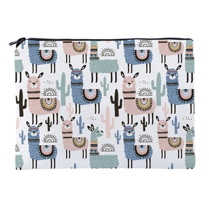 Square toiletry bag with hand-drawn alpaca and cactus prints in soft Morandi tones