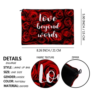 Detail of rose floral oxford fabric makeup bag with Love beyond words print and dimensions