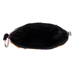 Floral print coin purse with metal keychain ring and black fabric lining interior