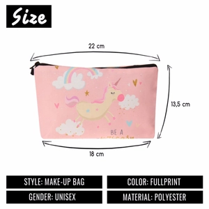 Detailed size chart showing pink unicorn makeup bag dimensions and polyester material info