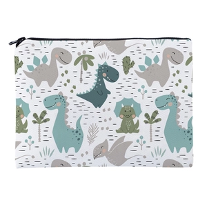 Flat rectangular cosmetic bag featuring cute cartoon dinosaurs and palm tree prints