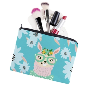 Cute sky blue alpaca makeup bag with floral patterns and zipper closure for women