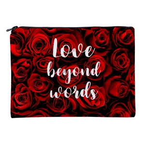 Vibrant red rose floral square makeup bag with Love beyond words artistic print