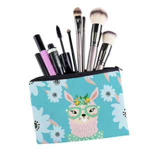 Cute sky blue alpaca cosmetic bag with floral patterns and makeup tools organizer