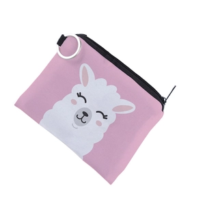 Pink cartoon llama coin purse detail showing smooth zipper and metal keychain ring