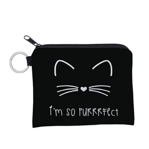 Cute Cat Face Print Minimalist Polyester Mini Coin Purse With Metal Key Ring Portable Zippered Small Storage Pouch Gift