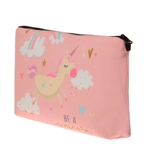 Detail view of the pink unicorn cosmetic bag showing side thickness and black zipper seal
