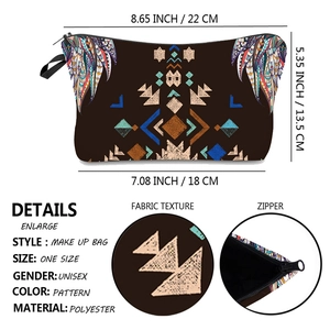 Polyester makeup bag with tribal pattern, top width 22cm, bottom 18cm, height 13.5cm