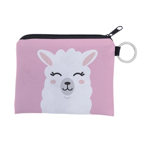 Pink cartoon alpaca mini coin purse with black zipper and silver metal keychain ring
