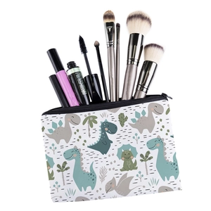 Minimalist canvas makeup bag with cartoon dinosaur print for portable cosmetics storage
