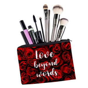 Floral makeup bag with red roses and Love Beyond Words print, includes brush set