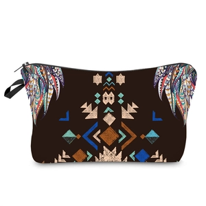 Bohemian geometric pattern cosmetic bag with tribal totem and zipper closure on white background