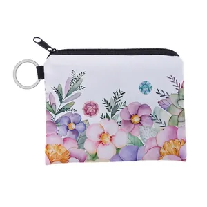 Women Floral Print Polyester Coin Purse Mini Zipper Wallet With Key Ring Water Resistant Portable Small Change Pouch