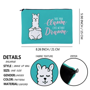 Detail view of Tiffany blue alpaca yoga print makeup bag with 21x15cm dimensions and zipper