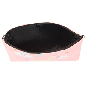 Pink unicorn print makeup bag with rainbow patterns and black zipper closure for travel