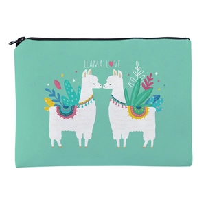 Mintgrüne Segeltuch Kosmetiktasche mit LLAMA LOVE Alpaka-Druck und Reißverschluss