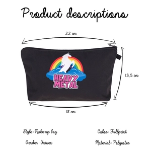 Detailed view of heavy metal unicorn print on a black polyester travel makeup bag