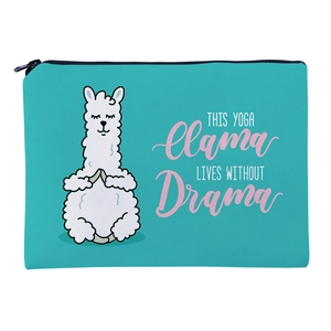 Teal square makeup bag with yoga llama print and THIS YOGA llama LIVES WITHOUT Drama slogan