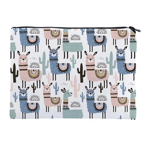 Detail of canvas makeup bag with cartoon alpaca and cactus print and black zipper closure