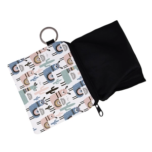 Waterproof alpaca and cactus print coin purse with a metal keychain and zipper detail