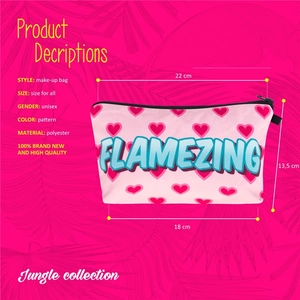 Detail view of pink polyester makeup bag with heart prints and sturdy zipper closure