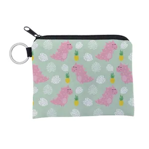 Mini Porte-monnaie Imprimé Dinosaure et Ananas Sac de Rangement Portable en Polyester avec Fermeture Éclair et Porte-clés