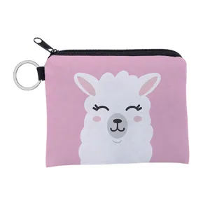 Portable Polyester Mini Coin Purse With Cartoon Alpaca Print Zipper Closure Metal Key Ring Storage Bag For Women Girls