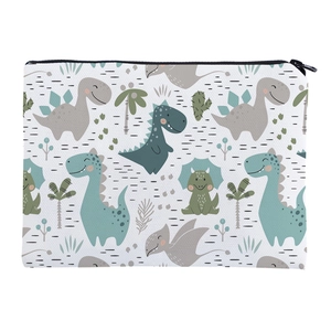 Macro detail of cartoon dinosaur canvas makeup bag with durable smooth black zipper