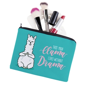 Cyan yoga llama makeup bag for travel with zipper closure and brush storage