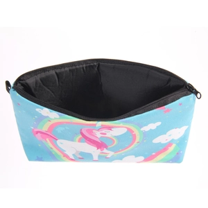 Borsa da trucco unicorno arcobaleno azzurro con chiusura a zip nera e interni neri