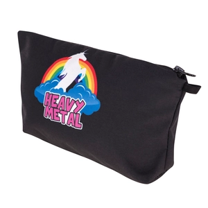 Black canvas unicorn rainbow travel pouch with Heavy Metal print and zipper closure