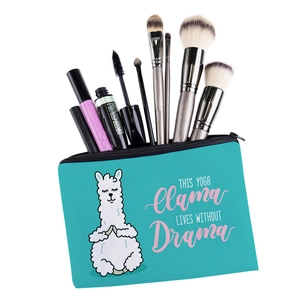 Tiffany blue llama yoga makeup bag with brushes and text THIS YOGA llama LIVES WITHOUT Drama