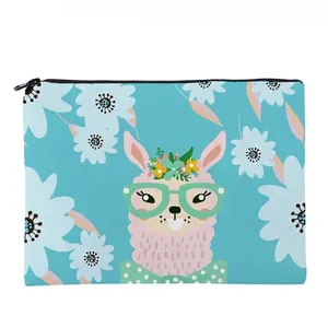 Cute Alpaca Floral Print Cosmetic Bag For Women Portable Oxford Cloth Travel Toiletry Storage Pouch Zipper Makeup Bag