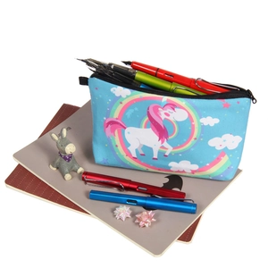 Pochette per trucchi da viaggio in tela con stampa unicorno e arcobaleno vivace