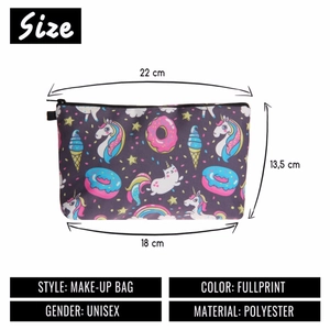 Guide des tailles détaillé pour trousse de maquillage licorne avec dimensions