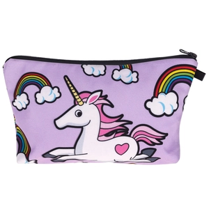 Pink unicorn print makeup bag with rainbow patterns and a black zipper closure